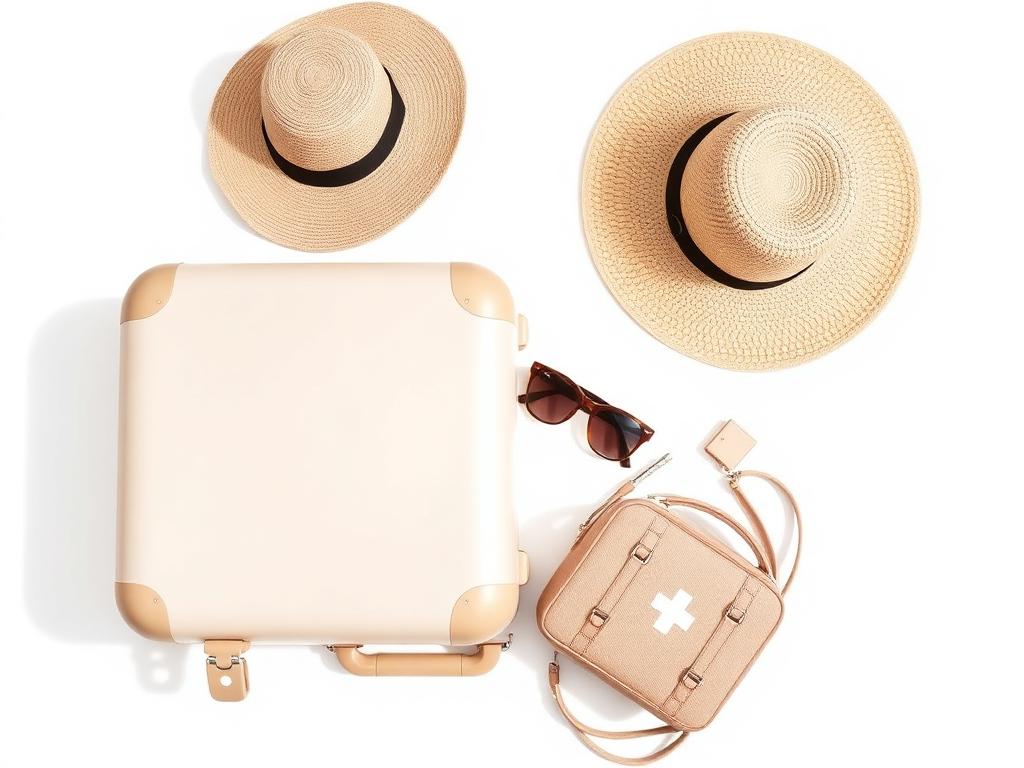 Packed travel bag, sun hat and small first aid kit ready for a Zakynthos holiday